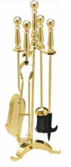 Serviteur De Cheminée Ancien En Laiton Doré, Set D'outils (incomplet, Balai Brûlé)